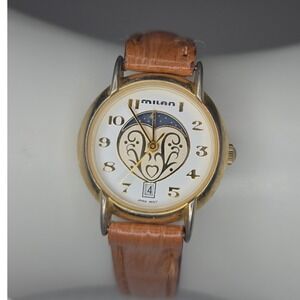 Vintage Milan Moon Phase Quartz Watch Gold Tone Cracked Strap Needs Battery